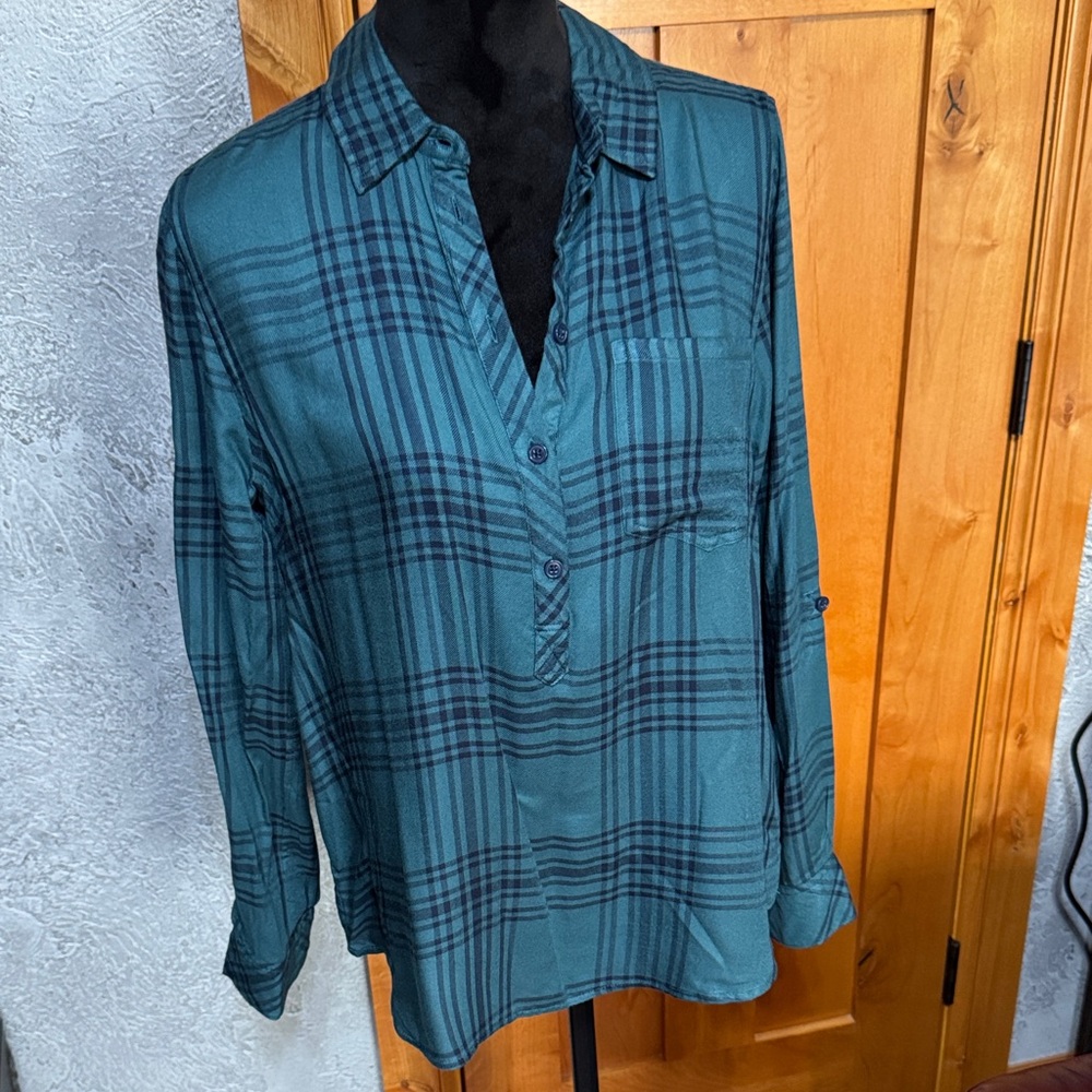 Cosmic Blue Love Plaid Button-Down Shirt for Women